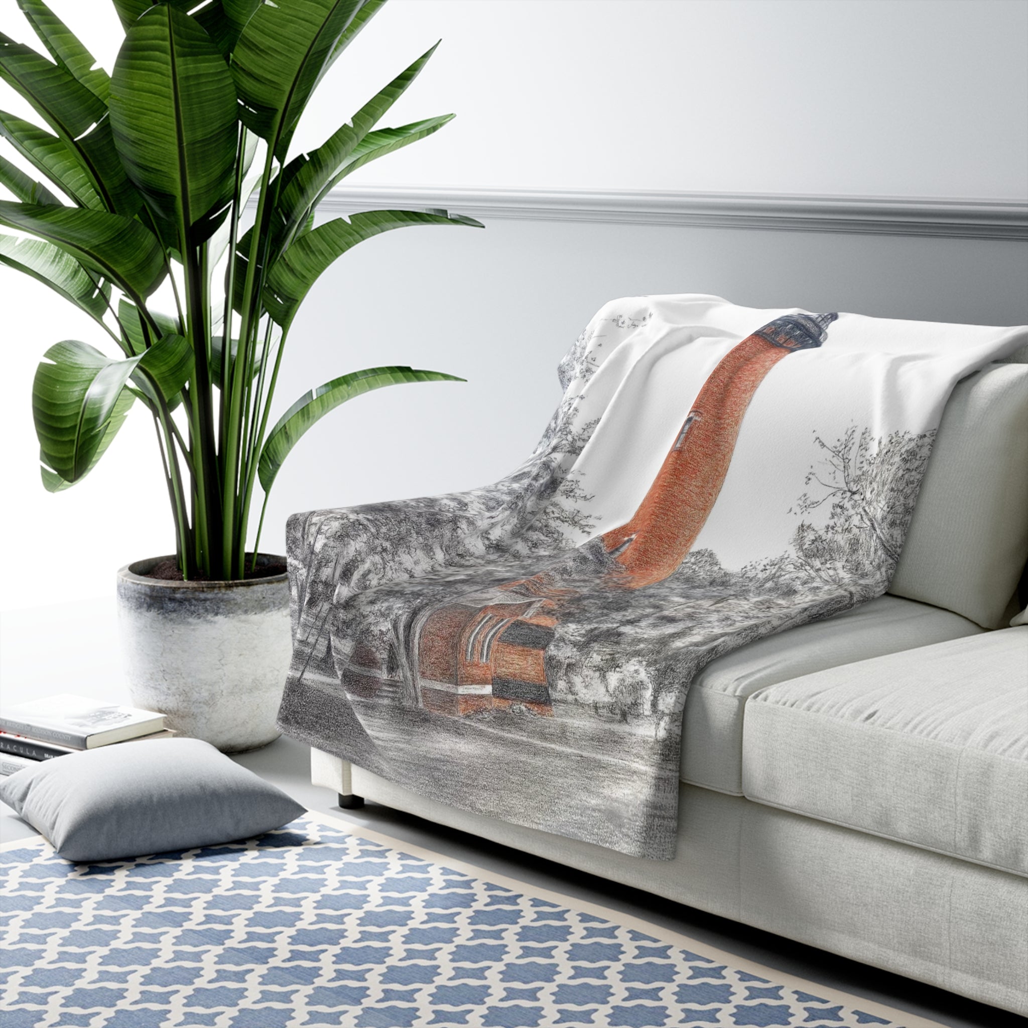 Currituck Lighthouse Charcoal Drawing Sherpa Fleece Blanket