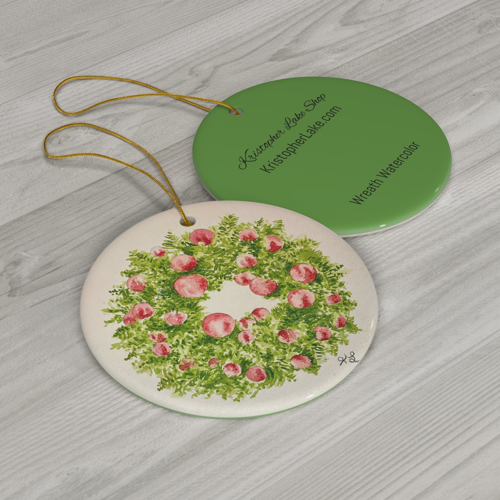 Wreath Watercolor Ceramic Ornament, Signature Collection
