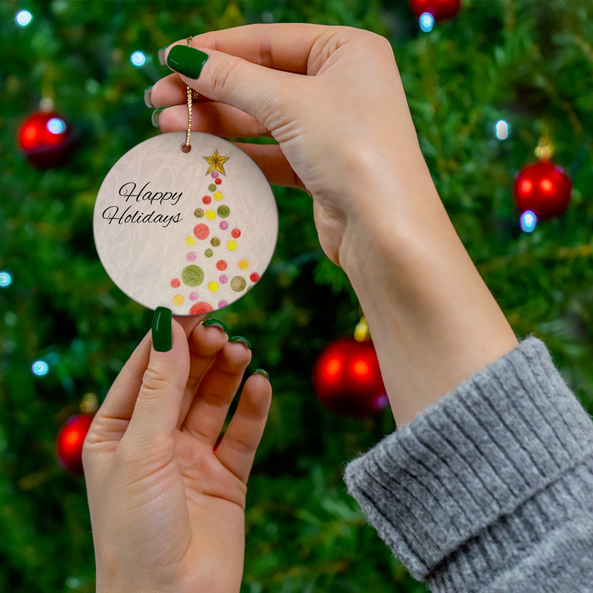 Happy Holidays Tree Ceramic Ornament